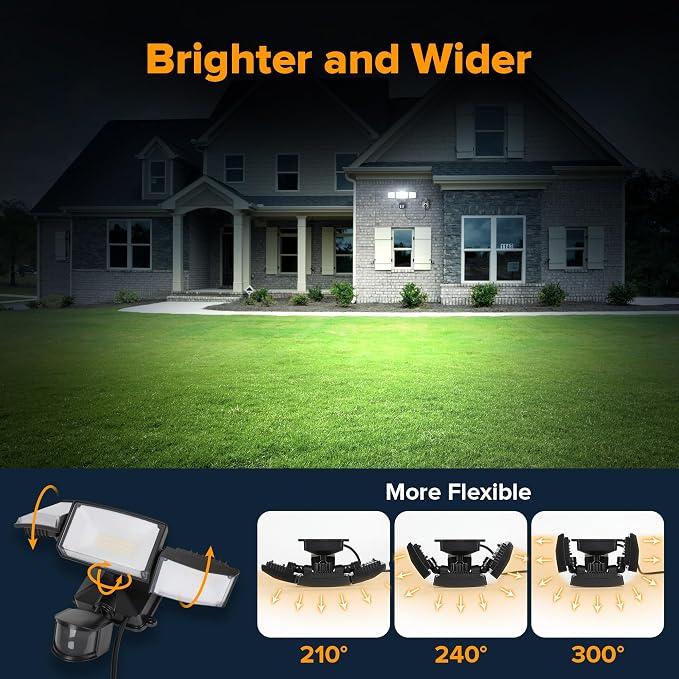 LUTEC 50W Motion Sensor Outdoor Lights, 5500 LM Plug in Flood Light Outdoor, Dusk to Dawn, IP65 Waterproof Security Lighting, 5000K Daylight, Adjustable Wall-Mounted for Garage, Yard, Porch (Black)
