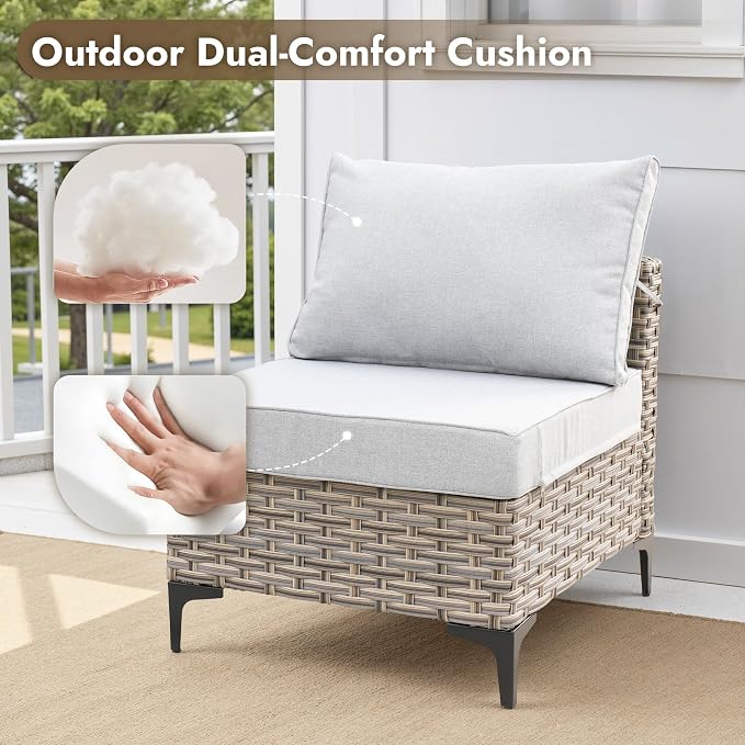 5 Pieces Patio Furniture Set with Solar Light Coffee Table, All-Weather Wicker Outdoor Sectional Conversation Sets L Shaped Sofas for Outside Porch Balcony Backyard Gray
