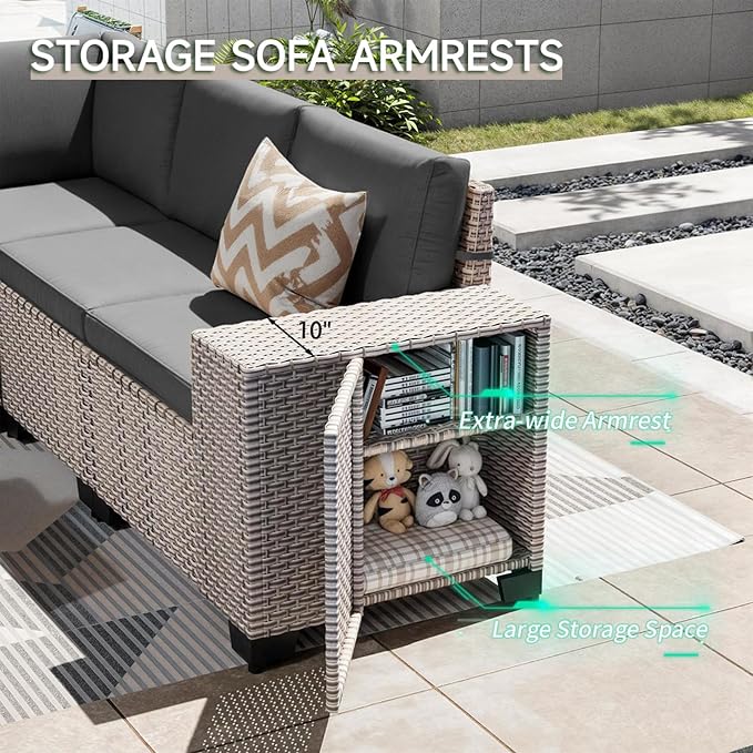 15-Piece Outdoor Patio Furniture Set, Modular Sectional Sofa Set with Swivel Rocker Chairs, Wicker Outdoor Couch Conversation Sets w/Coffee Table and Cushions, Gray