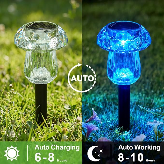 16 Pack Solar Lights Outdoor Color Changing Mushroom Garden Lights | Waterproof Pathway Yard Walkway Landscape Path Lighting for Outside, Auto On/Off Decorations, Acrylic Diamond-like Lampshade