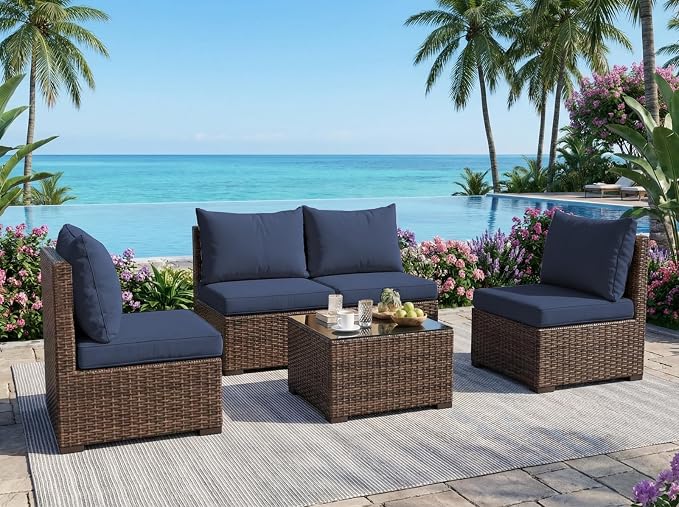5 Pieces Patio Furniture Set with Glass Table, Outdoor PE Rattan Sectional Sofa with Soft Cushions for Backyard, Porch, and Poolside (Blue, 5 PCS w/Table)
