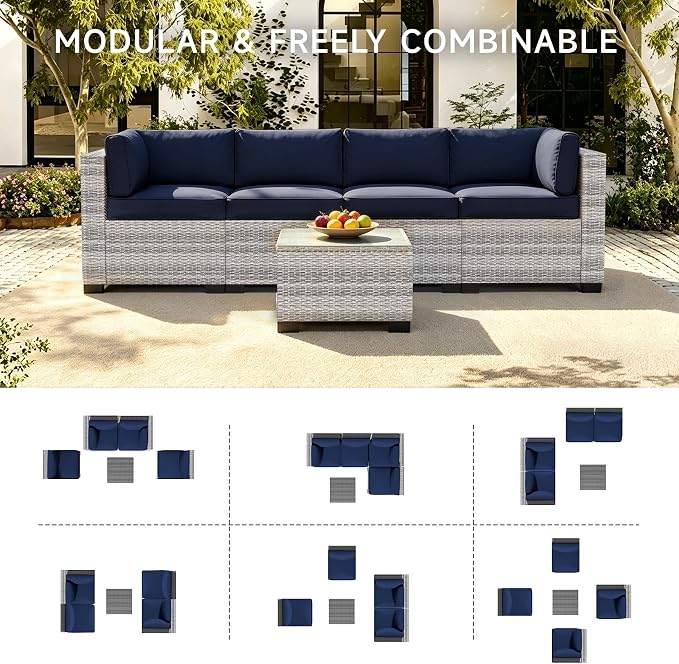 5 Pieces Outdoor Patio Furniture Set, Wicker Modular Sectional Sofa, All Weather Conversation Sets with Glass Table for Yard, Garden, Poolside, Off-White Rattan & Navy Blue Cushions