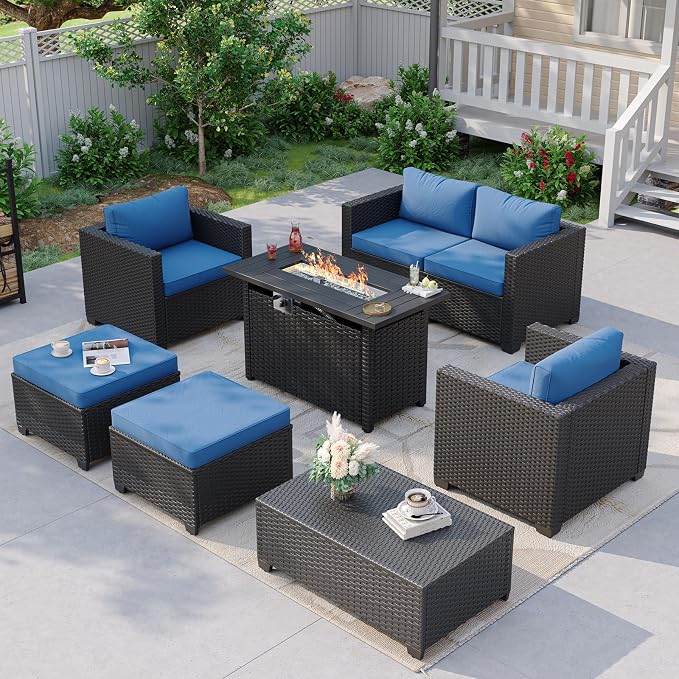 Aoxun Patio Furniture Set with Fire Pit Table, 6 Seats Piece Outdoor Furniture Set with Wicker Ottomans, Rattan Outdoor Sectional Sofa with Storage Table & Waterproof Cover Navy Blue