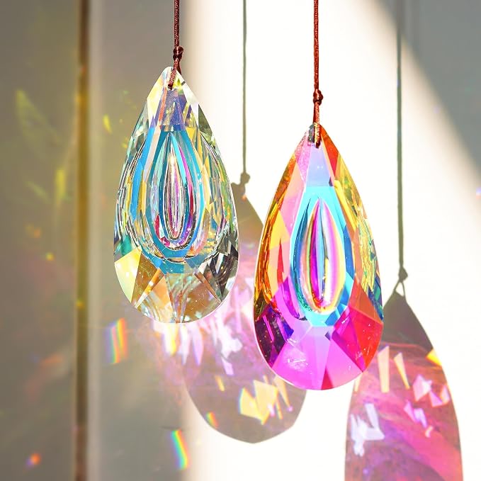 2pcs 89mm Hanging Crystal Prisms Suncatchers, Sun Catcher Indoor Window | Rainbow Maker Crystals for Home Garden Decor,Glass Ornaments For Christmas Tree,Colorful,Large Beads For Suncatcher