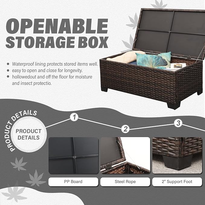 Oasishine Wicker Patio Furniture Set 6 Pieces Outdoor Furniture Chairs and Couch Storage Table Anti-Slip Cushions and Waterproof Covers, Dark Grey