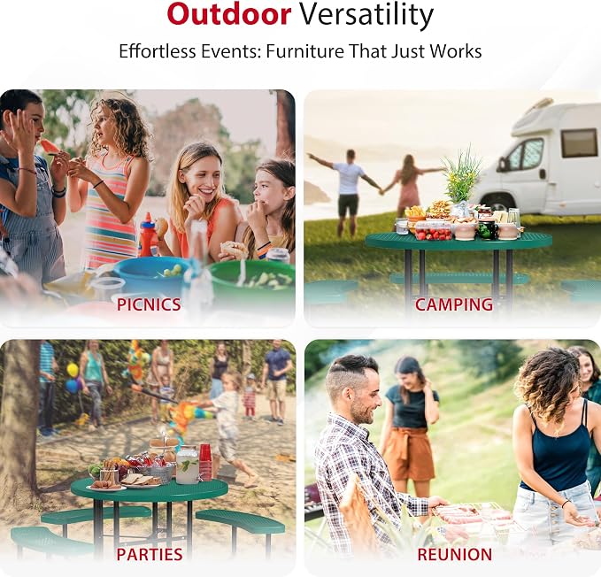 Leisure Craft Metal Picnic Table with Bench - 46" Round Outdoor Dining Table with Umbrella Hole, Heavy Duty Thermoplastic Coating, ADA Compliant, Commercial Grade Furniture Made in USA - Green