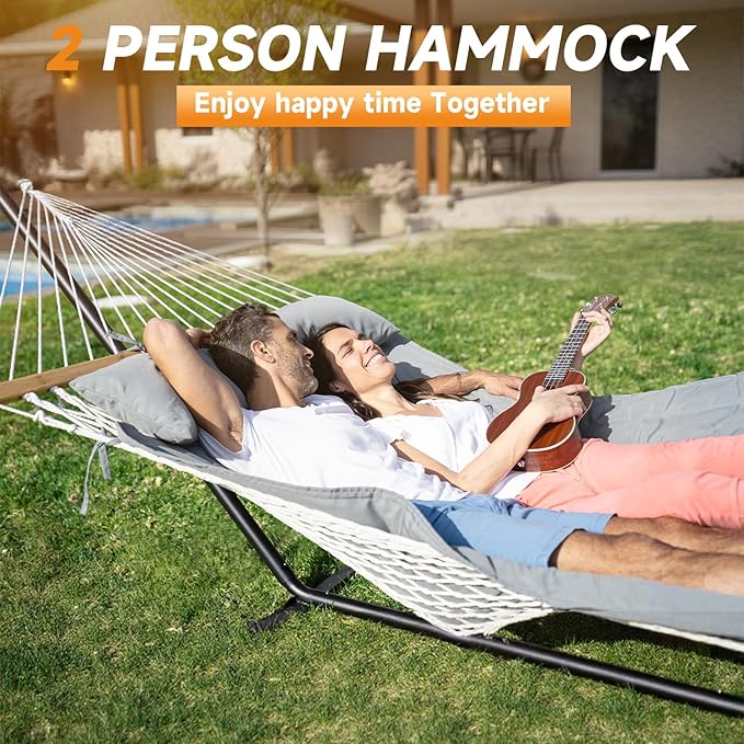 Everyfun 2 Person Hammock with Stand, Heavy Duty Double Cotton Rope Hammock with Removable Quilted Pad & Pillow, 500 LBS Adjustable Steel Frame, Tool-Free, Carry Bag for Outside Patio Yard, Urban-Gray