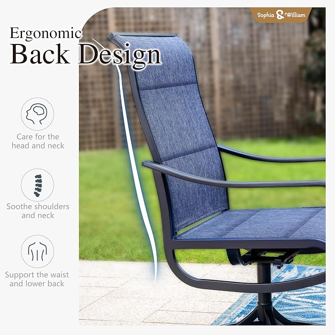 Sophia & William Patio Dining Set for 8, Metal Table w/Swivel Chairs, Blue | High-back & Padded, Square, Umbrella Hole, Durable Material, Ergonomic design, weather resistant, Outdoor backyard deck