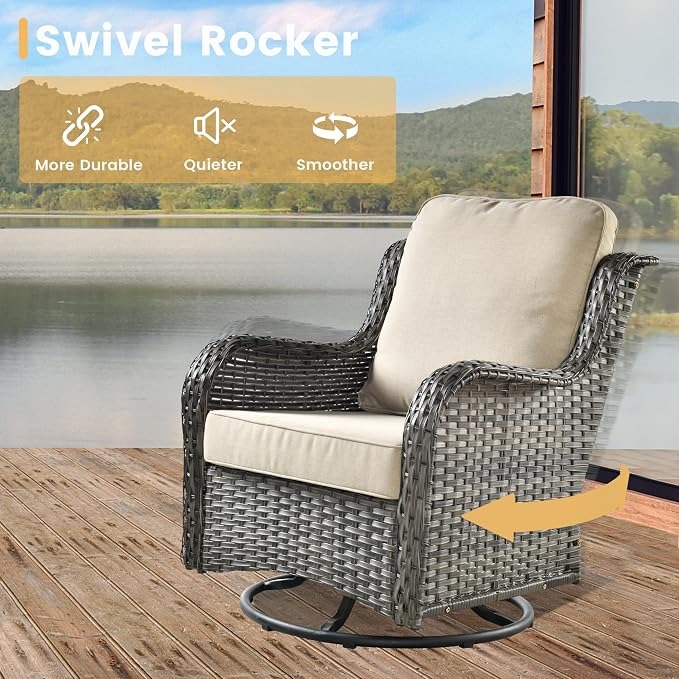 HOOOWOOO Outdoor Patio Furniture with Fire Pit Set 11 Pieces Patio Set with Fire Pit Wicker Outdoor Furniture with Fire Pit Table Set Patio Sectional Set with Swivel Chairs,Beige