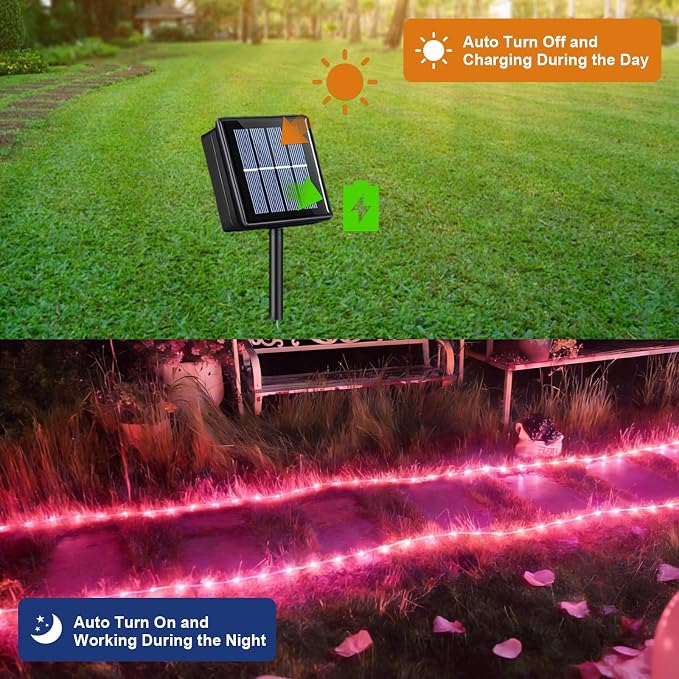 QITONG Pink Solar Rope Lights Outdoor, 66ft 200 LED String Light, 8 Modes Fairy Lights in Clear Thin Tube with 8 Modes