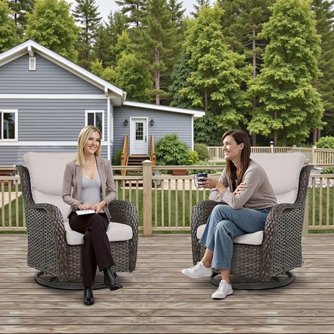Outdoor Swivel Rocker Patio Chairs Set of 4 with Ottoman Coffee Table - 5" Thick Cushion 7 Piece Furniture Set All Weather Comfortable Wicker Conversation Set for Porch Deck - Brown/Beige