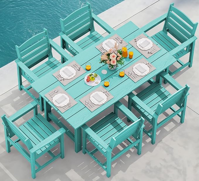 SERWALL 7 Pcs Outdoor Dining Set, 1 Umbrella Hole Table & 6 Chairs, Aruba | HDPE Outdoor Dining Furniture with Rectangular Table & 6 Chairs, All-Weather Resistant SERWALL Dining Set for 6