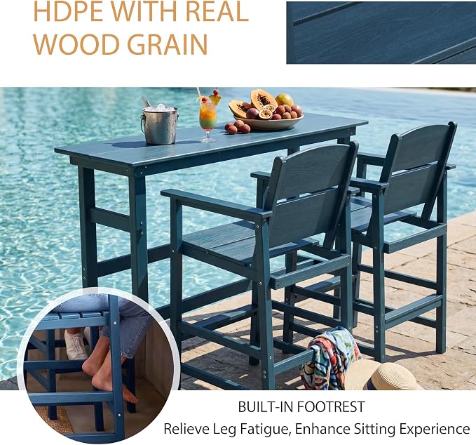 4 Pack Outdoor Bar Stools, HDPE Patio Bar Chairs with Armrests & Footrest, Weather Resistant All-Weather Counter Height Chairs for Outdoor Deck, Backyard, Poolside,Blue