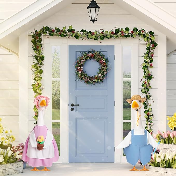 FuWeave 2 Set Porch Goose Outfit Spring Gardener Goose Clothes with Small Flower Pot for 23" Cement Outdoor Patio Yard Decor(Gardener)