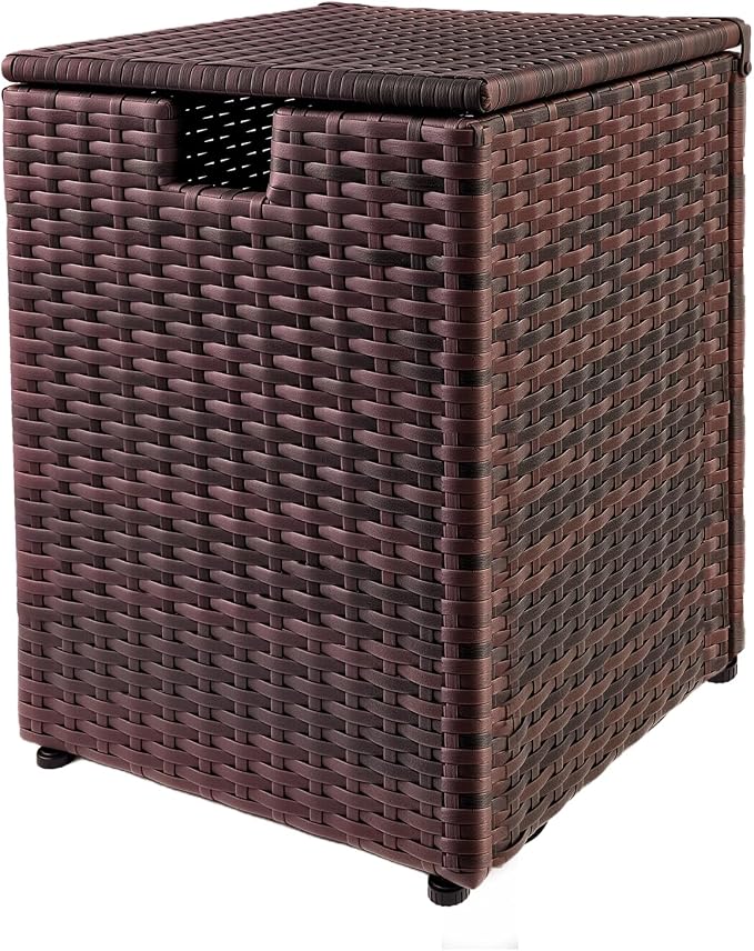 20 LB Wicker Propane Tank Cover Table, Weatherproof Outdoor Propane Tank Hide with Adjustable Feet,Perfect for Backyard, Balcony and Poolside（Brown）