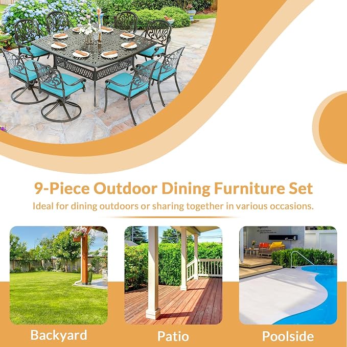 9 Piece Outdoor Patio Dining Set for 8, Cast Aluminium Large Square Dining Table & 2 Swivel Rocker Chairs, 6 Stationary, 8 Cushions, Umbrella Hole, Patio Furniture Set for Garden, Ocean Blue