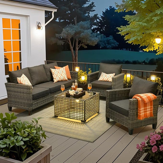 4 Piece Wicker Patio Furniture Set with Solar Table, Black | Outdoor Deep Seating Sofa Chair, Solar Lights Table, All Weather Rattan, Modern Conversation Set, Porch Deck Backyard