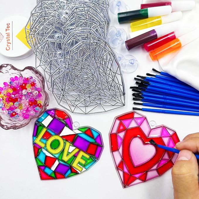 AUEKIV 30 Sets Valentine's Suncatchers Craft DIY Kit Heart Suncatcher Kit for Window Paint Art Suncatchers Valentine's Day Heart Sun Catcher Supplies for Valentine Gift Exchange Activities
