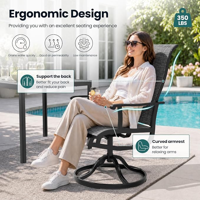 Pamapic 5-Piece Outdoor Dining Set, All Weather Patio Table and Chairs Set with Umbrella Hole, Wood-Like Metal Table and 4 360° Swivel Textilene Chairs for Backyard, Poolside, Deck, Porch, Grey
