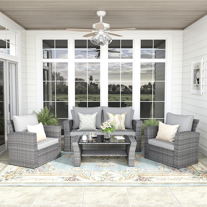 FansaFurn 4-Piece Outdoor Patio Furniture Set, All Weather Wicker Rattan Sectional Sofa Conversation Seating Set with Cushions & Large Glass Coffee Table, Ideal for Garden Backyard Porch, Grey