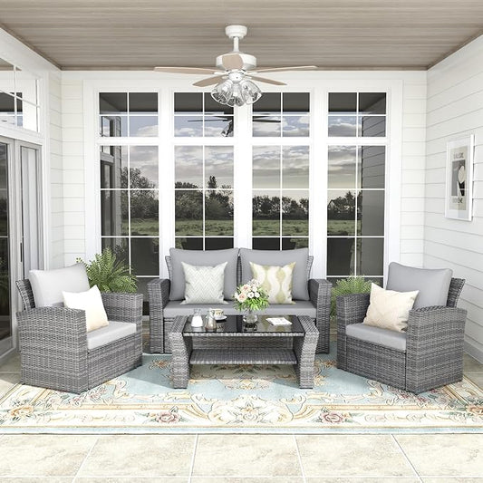 FansaFurn 4-Piece Outdoor Patio Furniture Set, All Weather Wicker Rattan Sectional Sofa Conversation Seating Set with Cushions & Large Glass Coffee Table, Ideal for Garden Backyard Porch, Grey