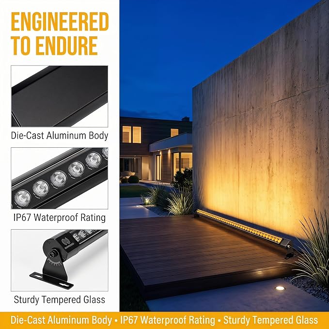 2Pack 72W Wall Washer Light 4FT 2700K 120V IP67 Waterproof Plug-in | Outdoor LED Light Bar/Lifespan 50K Hr/150° Adjustable/Gardens Christmas Halloween Commercial Building Garages Backyard Stage