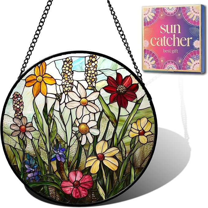 Birthday Gifts for Women - Wildflowers Faux Stained Glass Window Hanging Sun Catcher for Door Garden Acrylic Decor Mother's Day Christmas for Mom Nana Grandma Sisters Wife 11.8"