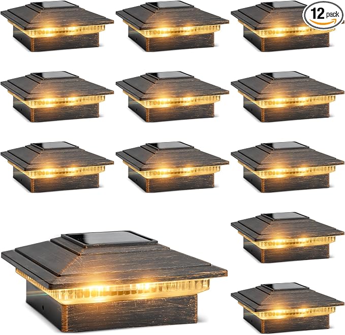 Solar Post Cap Lights Outdoor 12pack, Waterproof Fence Post Solar Lights for 4x4 5x5 6x6 Wood/Vinyl Posts, Deck Post Lights with 2 Color Modes Decorate Garden Patio Porch Backyard Brushed Copper
