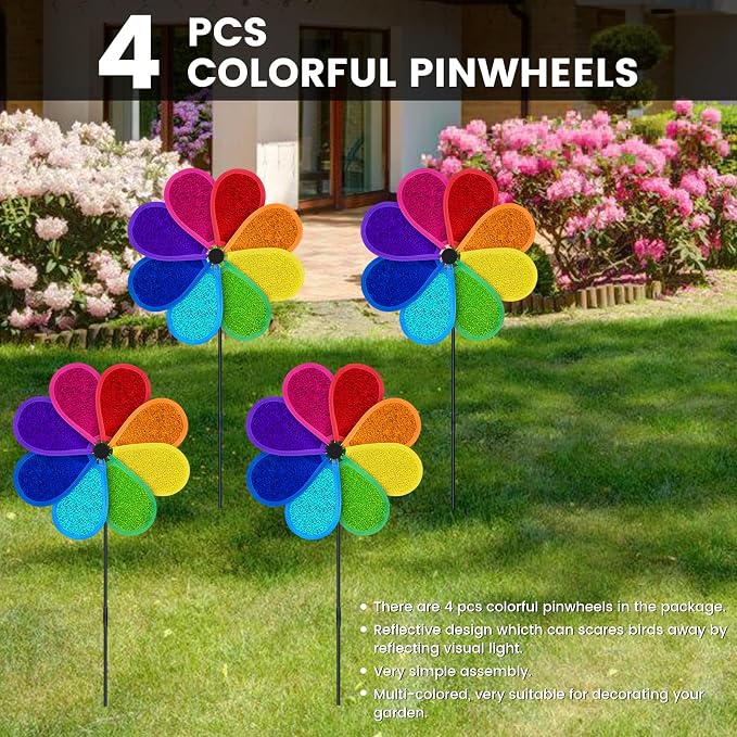 4 PCS 11.4" W x 28" H Reflective Pinwheels Sparkly Lawn Wind Spinners Colorful Rainbow Windmill for Garden Decoration Bird Devices Deterrent to Scare Birds Away（Multicolor）