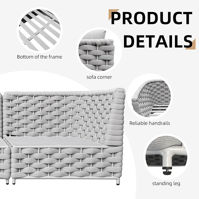 TWT 4 Piece Patio Furniture Set, All-Weather Outdoor Sectional Sofa with Coffee Table, Modern Conversation Couch Set, for Backyard Porch Garden Poolside Apartment Balcony,Light Grey