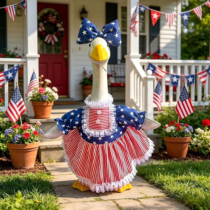 4th of July Porch Goose Outfit Set for 23'' Cement Lawn Goose Statue,Patriotic Star Stripe Dress with Bow,American Independence Day Decor(4th of July)