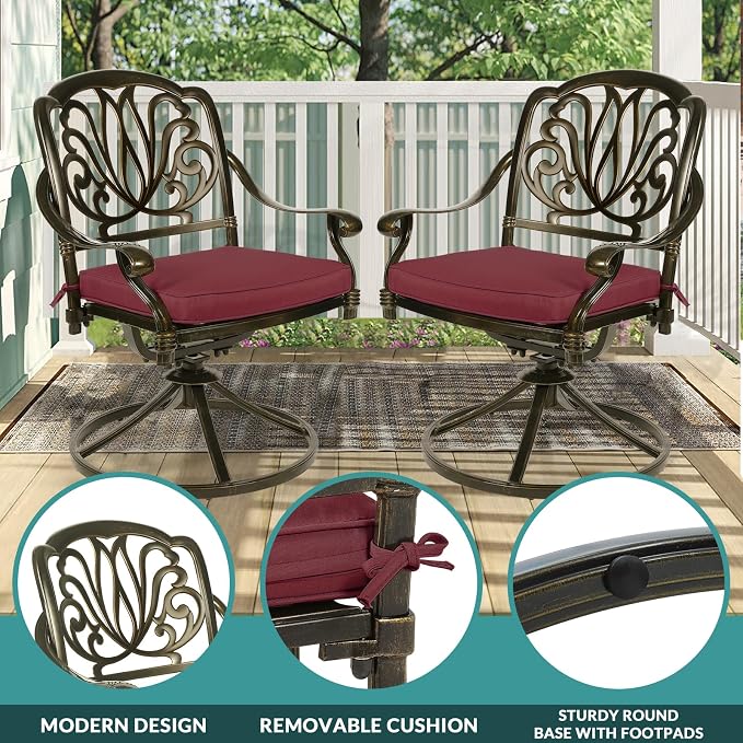 MEETWARM 9-Piece Outdoor Patio Dining Set for 8, All Weather Cast Aluminum Patio Funiture Table and Chairs Set- Large 64" Square Table and 2 Swivel Rocker Chairs, 6 Stationary, Umbrella Hole, Red