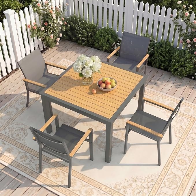 5-Pieces Aluminum Patio Table and Chairs for All-Weather, Patio Table Set with Heavy Duty HDPS Square Table, Outdoor Patio Dining Furniture Set with Breathable Quick-Drying Textilene Chairs