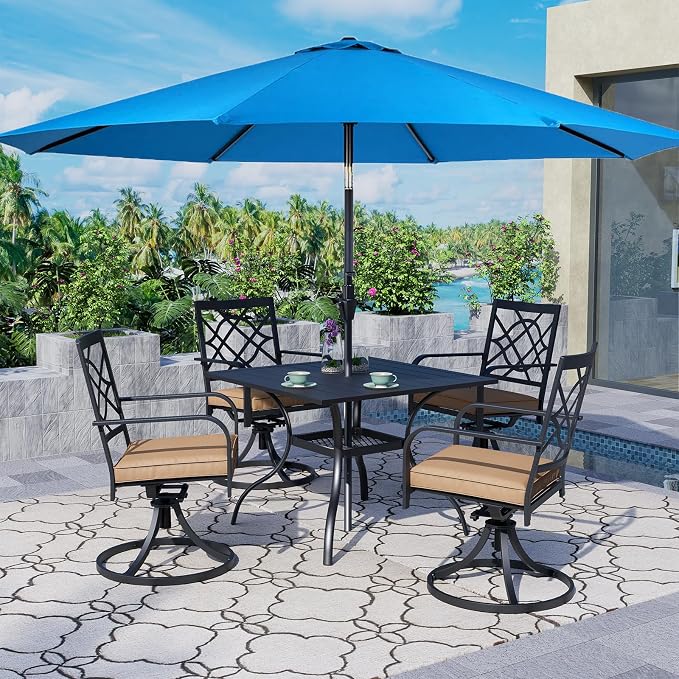 Crownland 5 Piece Patio Dining Set, 4 Swivel Metal Chairs and Square Outdoor Dining Table with Sky Blue 9FT Round Outdoor Umbrella (Metal Tabletop)