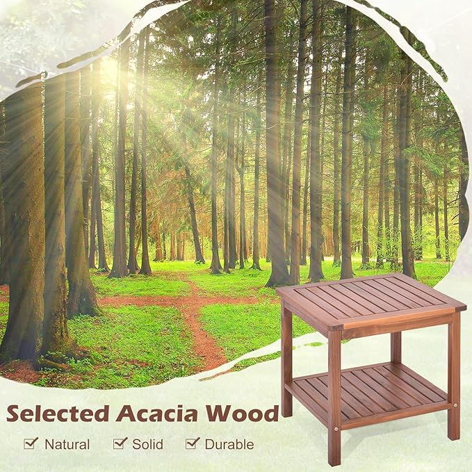 RELAX4LIFE Adirondack Outdoor Side Table - 2-Tier Acacia Wood Square End Tables w/Slatted Tabletop & Shelf for Garden Porch Pool, Indoor Outdoor Companion, Wooden Small Patio Table (1, Natural)