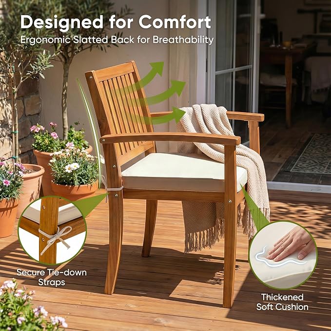 Devoko 5 Pieces Patio Table and Chairs Set Acacia Wood Outdoor Furniture | Patio Dining Set with Comfy Cushions for 4, Outdoor Dining Table and Chairs for Lawn, Garden, Backyard, Deck, Natural Wood