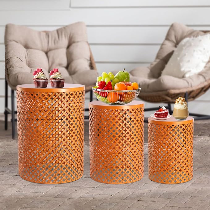 Set of 3 Outdoor Side Table, Garden Stool for Patio, Metal Accent Table Modern End Table, Patio Side Table for Garden, Balcony, Bedroom Indoor Outdoor Decorative, Terracotta Orange