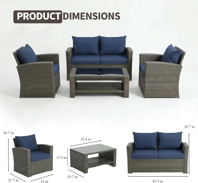 4 Pieces Outdoor Patio Furniture Set, PE Wicker Patio Conversation Set with Cushions and Tea Table, All-Weather Outside Rattan Sectional Sofa for Backyard,Porch, Garden, Balcony, Navy