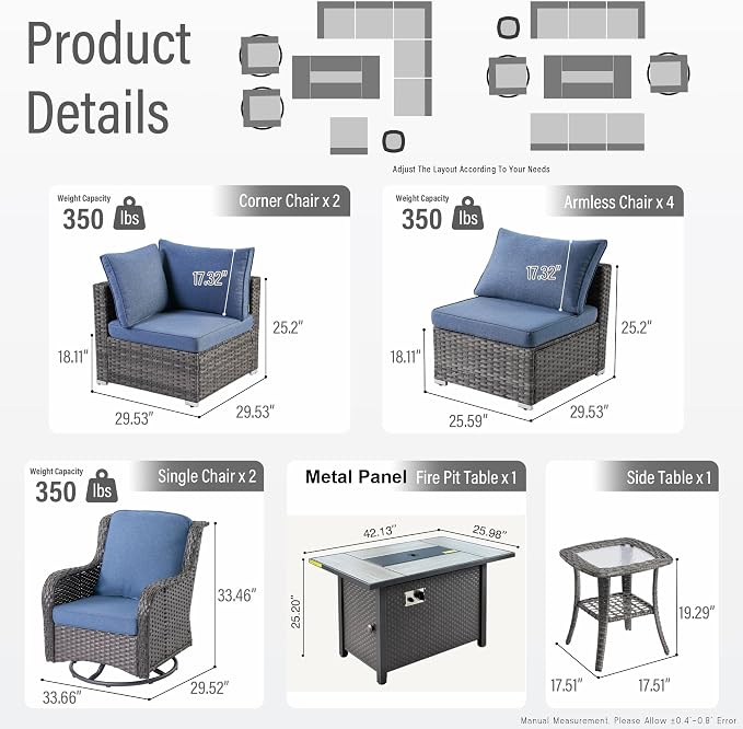 HOOOWOOO Outdoor Patio Furniture Set with Fire Pit 10 Pieces Patio Set with Fire Pit Wicker Outdoor Furniture with Fire Pit Table Set Patio Conversation Set with Swivel Chairs,Denim Blue