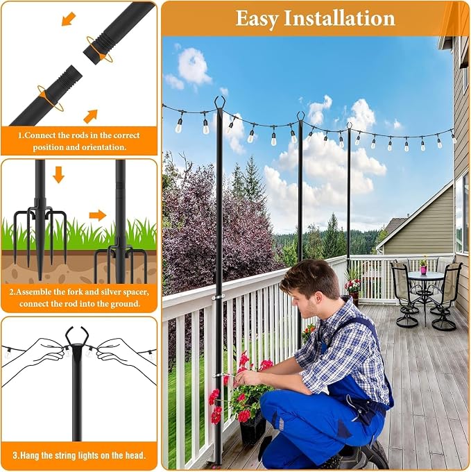 Mutovlin 4 Pack String Light Poles,10 Ft Light Poles for Outside String Lights,Outdoor Lights Pole with Fork,Metal Poles Stand for Patio Deck Backyard (10FT 4 Pack)