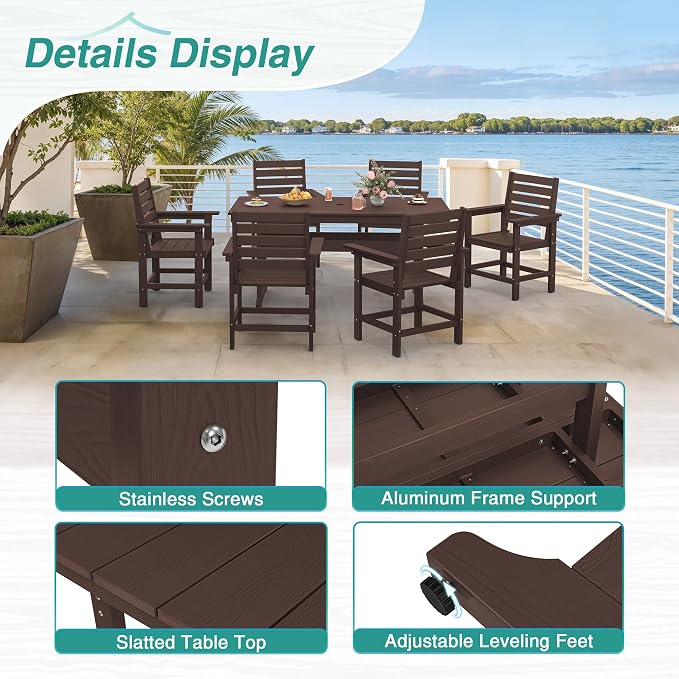 7 Piece Patio Dining Set, 66" Rectangle HDPS Weather Resistant Outdoor Table & 6 Patio Chairs Set with 1.96" Umbrella Hole, Heavy Duty Chairs for Backyard Deck, Dark Brown