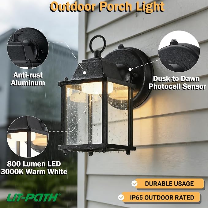 Outdoor Wall Light Fixture Dusk to Dawn, Rustproof Aluminum, LED | Exterior Porch Light Wall Sconce Lantern for House, Patio, Garage, Waterproof, Glass, 9.5W 800 Lumen, 3000K, Black, 2 Pack