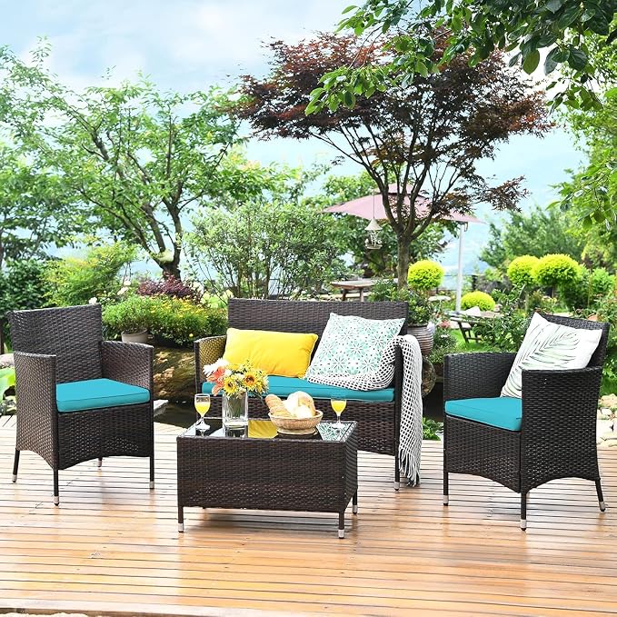 COSTWAY 8PCS Rattan Patio Furniture Set | Outdoor Wicker Rattan Chairs with Coffee Table, Rattan Cushioned Conversation Set for Backyard Balcony Poolside, Turquoise
