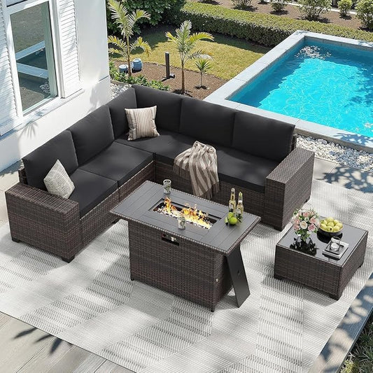 7-Piece Outdoor Sectional Black Wicker Rattan Conversation Set Patio Furniture Set with 44" Fire Pit Table for Garden Porch Backyard