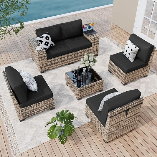 Amopatio 6 Piece Patio Furniture Set with 8" Armrest & 4" Thiken Cushion, Outdoor Wicker Rattan Sectional Sofa Conversation Set for Backyard, Garden, Poolside(Black Cushion)