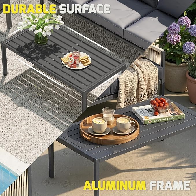 AECOJOY Aluminum Patio Furniture Set 5 Seats Outdoor Sectional Sofa Couch with Coffee Central Table Patio Conversation Sets for Porch Deck, Dark Grey