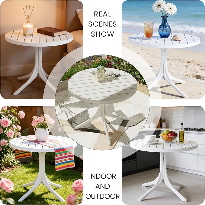 Summer 36 Inch Round White Plastic Table, Indoor/Outdoor Dining & Coffee Table, Lightweight & Foldable All-Weather Patio Table for Garden, Courtyard, Camping, Easy Assembly