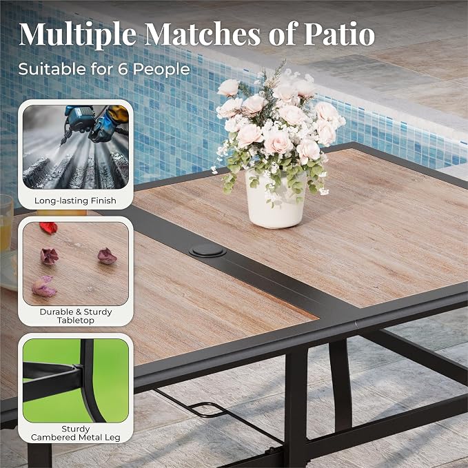 MIXPATIO 7 Pieces Patio Table and Chairs Set, Outdoor Dining Furniture Set for 6, 6 Brown Textilene Chairs and 61" Wood-Like Table Top with Umbrella Hole, for Deck Backyard Lawn