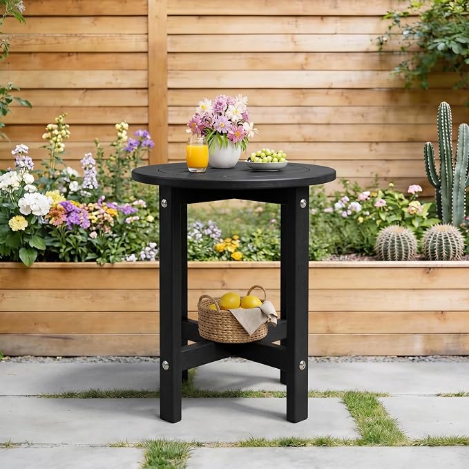 GDFStudio HDPE Outdoor Side Table, Small Patio End Table, All-Weather Round Accent Table for Porch Balcony Deck Poolside, Black