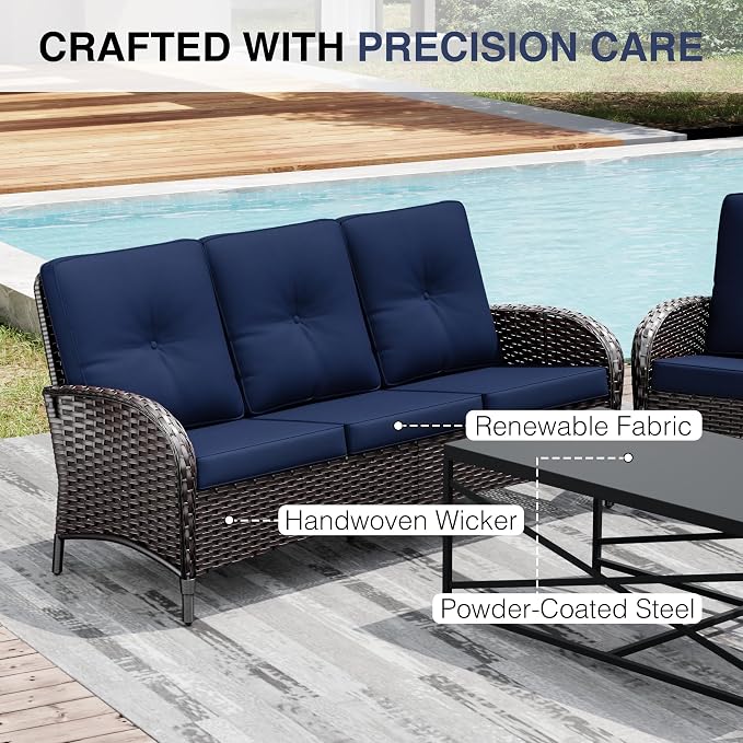 Joyside Wicker Patio Furniture Set, 5 Piece Outdoor Furniture Set with Thickened Cushions, High Back, Deep Seating, Wide Armrest, Rattan Outdoor Chairs for Porch, Deck